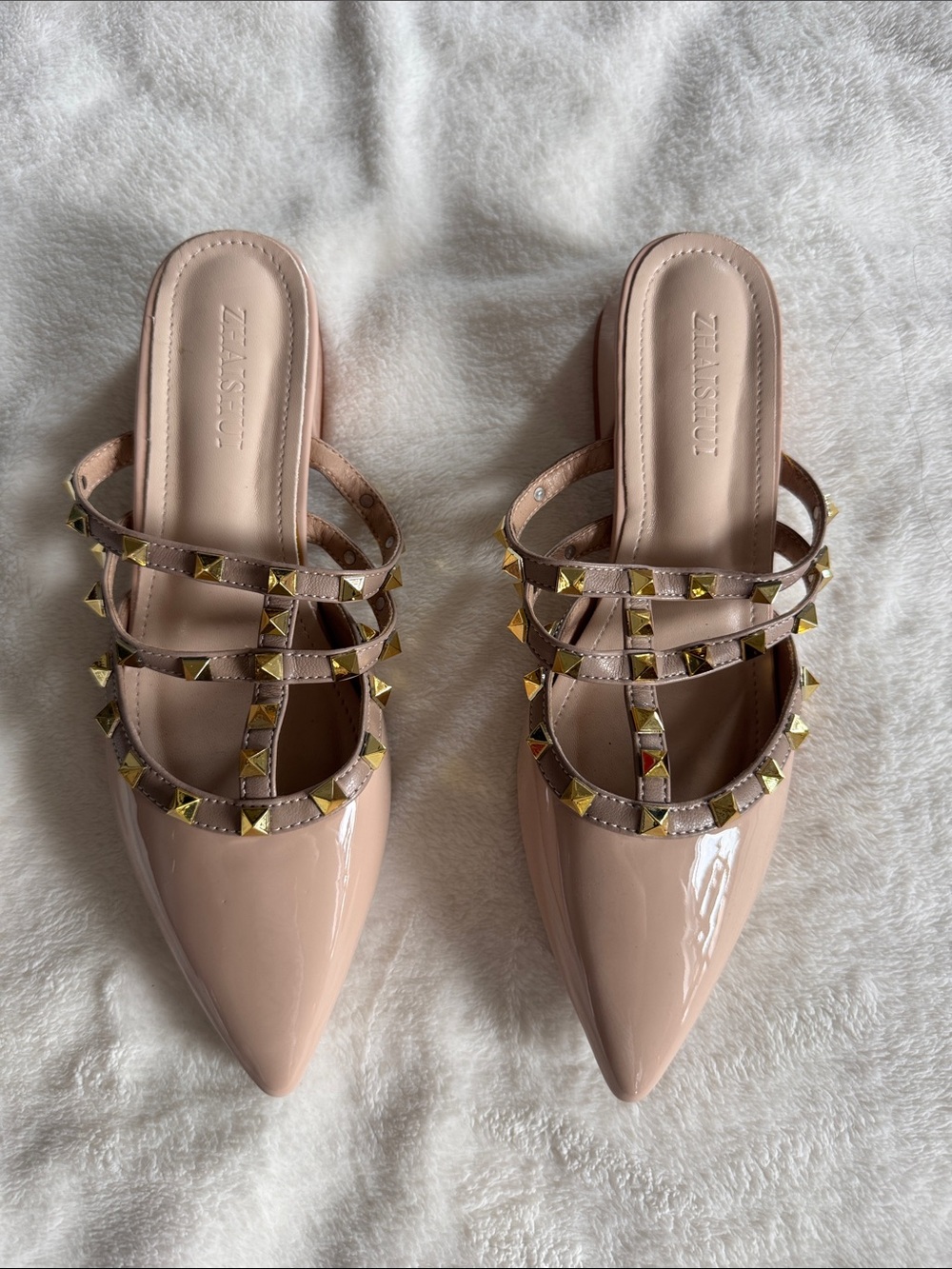 NWOT Patent Blush Pointed-Toe Mules with Gold Studded Straps